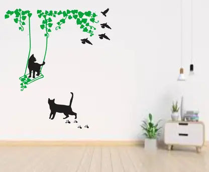 Divine studio 61 cm Cat On Swings Design Wall Sticker Standard Size -61cmx120cm Color - Multicolor Self Adhesive Sticker  (Pack of 1)