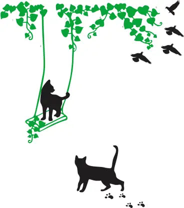 Divine studio 61 cm Cat On Swings Design Wall Sticker Standard Size -61cmx120cm Color - Multicolor Self Adhesive Sticker  (Pack of 1)
