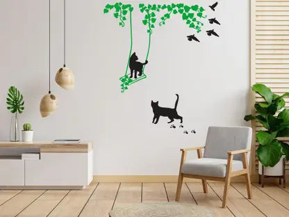 Divine studio 61 cm Cat On Swings Design Wall Sticker Standard Size -61cmx120cm Color - Multicolor Self Adhesive Sticker  (Pack of 1)