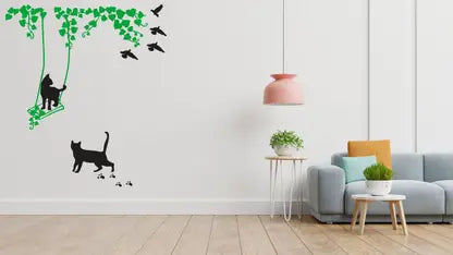 Divine studio 61 cm Cat On Swings Design Wall Sticker Standard Size -61cmx120cm Color - Multicolor Self Adhesive Sticker  (Pack of 1)