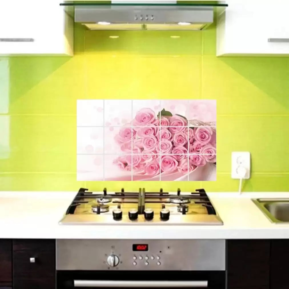 BIBITIME Pink Rose Kitchen Oil Proof Wall Stickers 17.72 inches x 27.56 inches Roses Flower