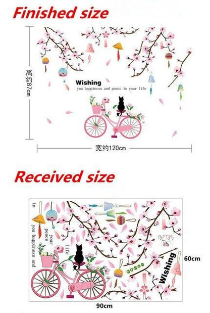 SK9357 Peach Flower Bicycle Wall Sticker - Multi