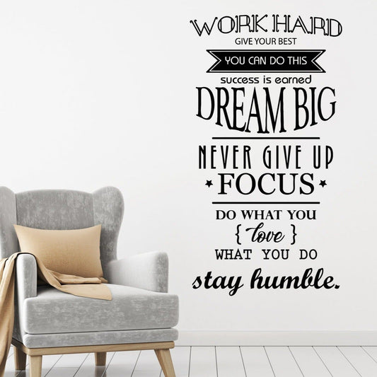 Vinyl Wall Decal Motivation Office Space Work Hard Dream Big Quote Words Decor Stickers Mural