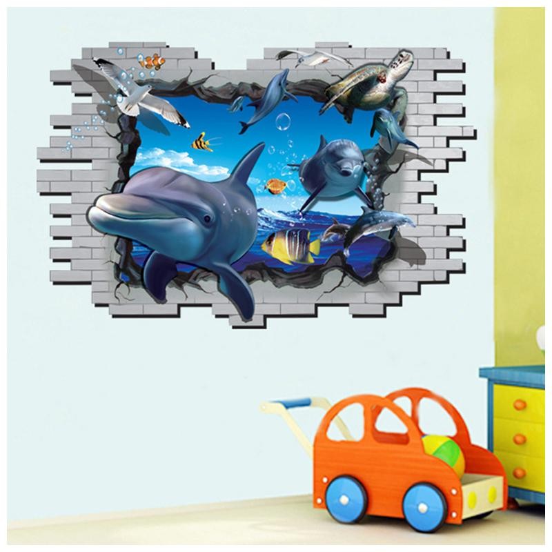 Wall stickers, trompe l'oeil, trick art, 3D, three-dimensional, pop-out, wall sticker, wallpaper sticker, wall decoration, wall decoration, interior decoration, sea, dolphin,