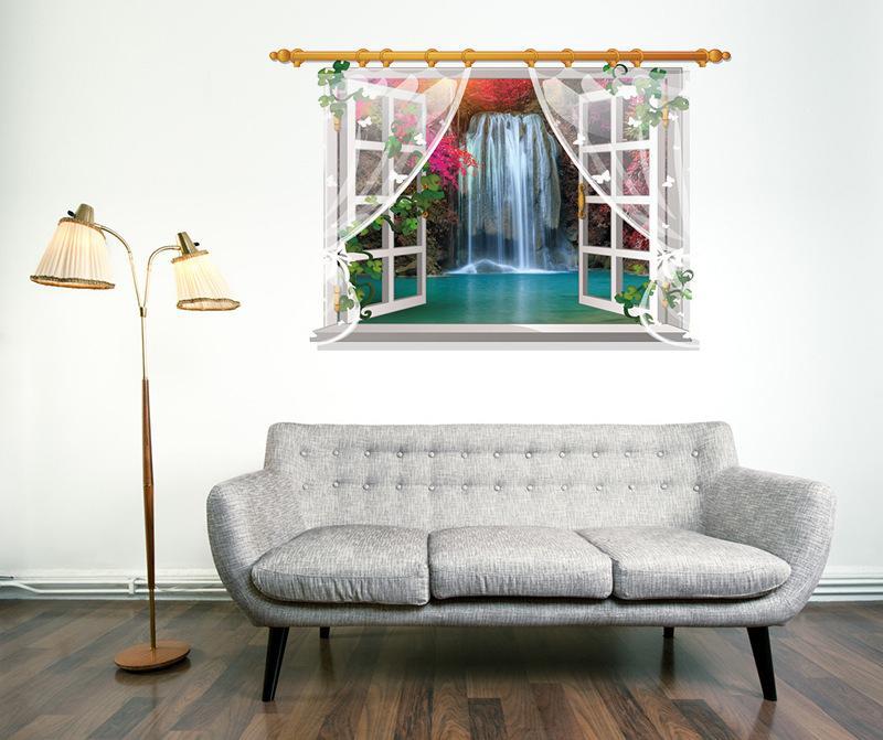 SK9020E 3D Wall stickers Waterfall Window Plant Landscape Home Decoration DIY Vinyl Decal Movie Mural Art