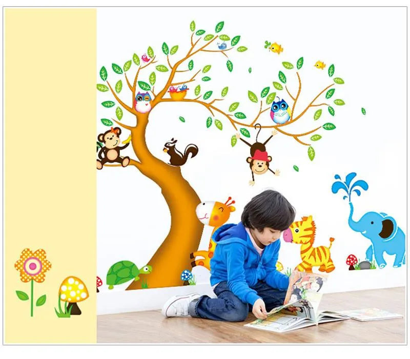 Wall Stickers Cartoon Animal Tree Boy Girl Kids Room Decor