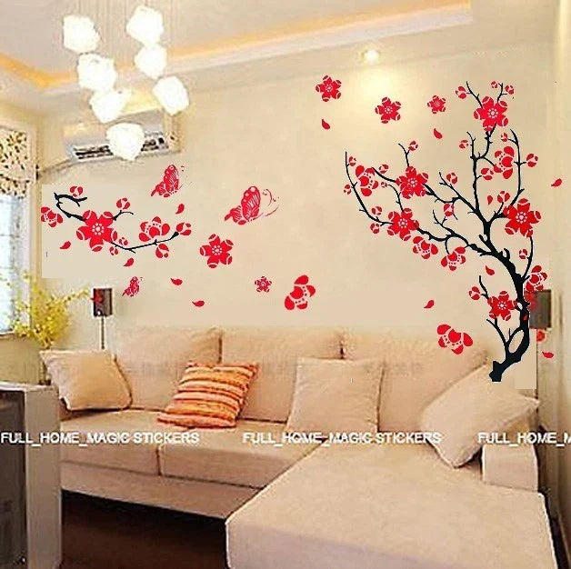 VAGA Stylish Adhesive Rooms Walls Vinyl DIY Stickers/Murals/Decals/Tattoos/Transfers with Red Japanese Cherry Blossoms Tree/Branch and Butterflies Designs size
