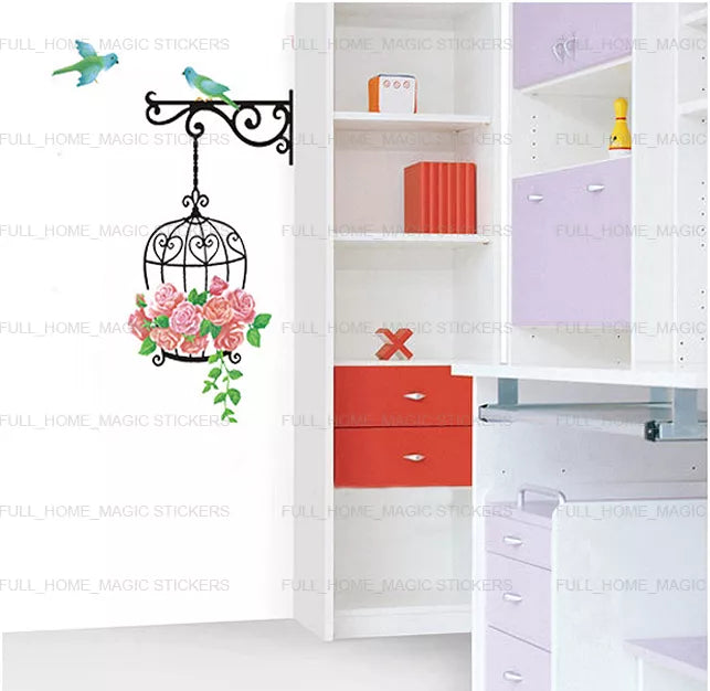 Tc1006 Large Floral Bird Cage Birds Wall Stickers Mural Home Decal Art Decor Corner DIY