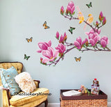 Pink Magnolia Tree Flower Butterfly Wall Stickers Home Decor WallSticker ay1903