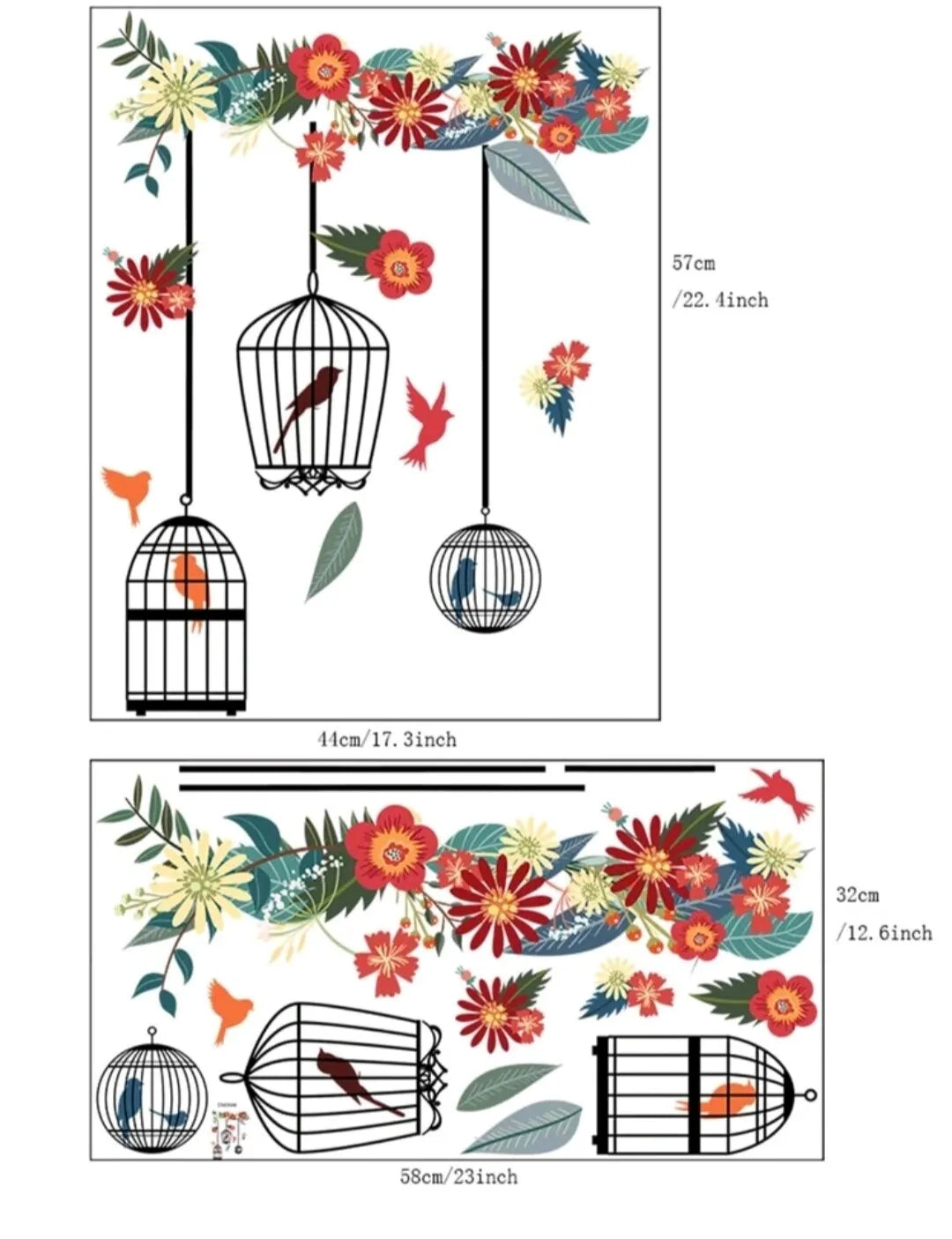 Xh6014a LARGE Flower Bird Cage Birds Wall Sticker PREMIUM PVC Floral wall Art Vinyl deco