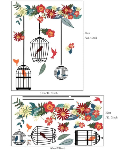 Xh6014a LARGE Flower Bird Cage Birds Wall Sticker PREMIUM PVC Floral wall Art Vinyl deco