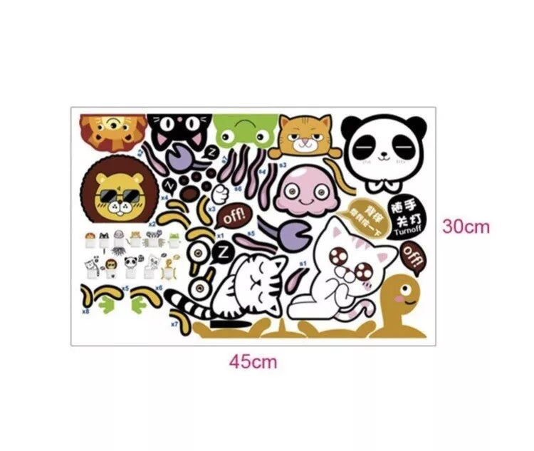 NEW Set of 12 Cartoon Animals Light Switch Cat Lion Frog Crab Panda Wall Sticker