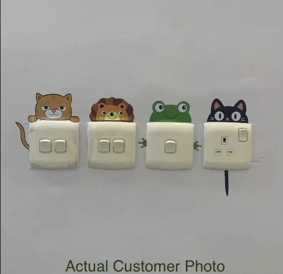 NEW Set of 12 Cartoon Animals Light Switch Cat Lion Frog Crab Panda Wall Sticker