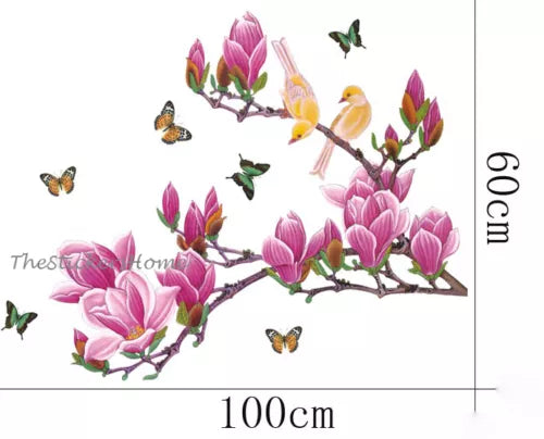 Pink Magnolia Tree Flower Butterfly Wall Stickers Home Decor WallSticker ay1903