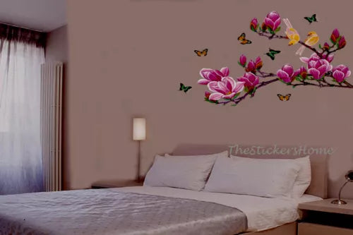 Pink Magnolia Tree Flower Butterfly Wall Stickers Home Decor WallSticker ay1903