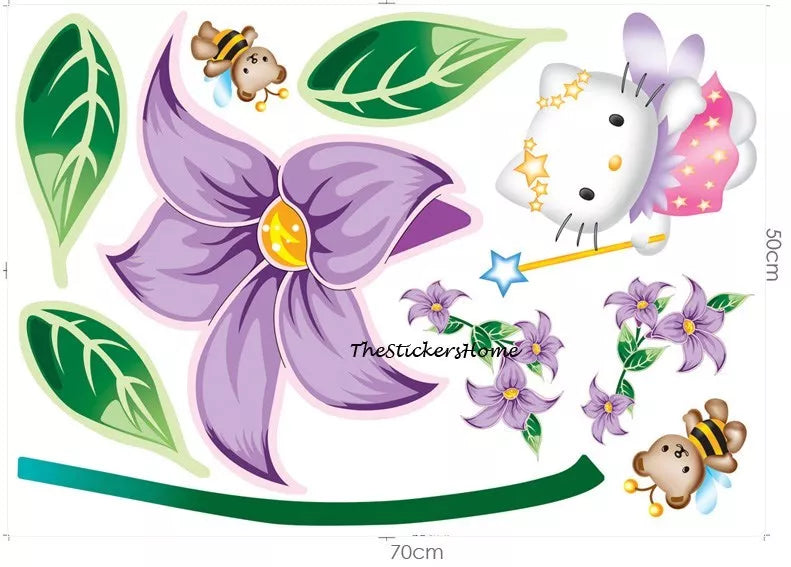 Large Hello Kitty Fairy Flower Wall Stickers Girls Decor Decals Vinyl Removable