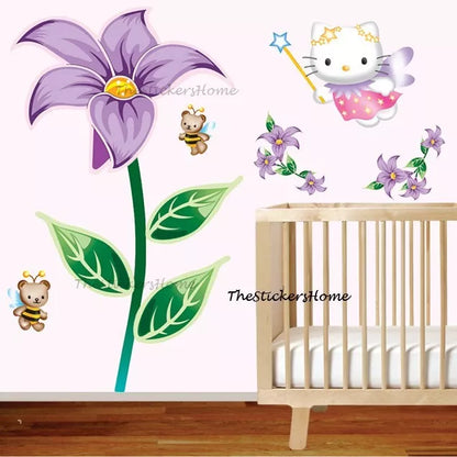 Large Hello Kitty Fairy Flower Wall Stickers Girls Decor Decals Vinyl Removable