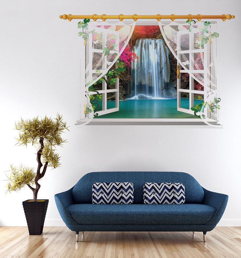 SK9020E 3D Wall stickers Waterfall Window Plant Landscape Home Decoration DIY Vinyl Decal Movie Mural Art