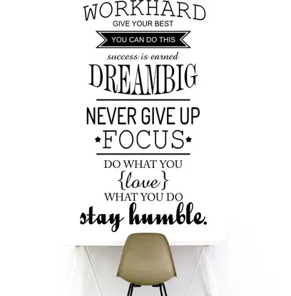 DZR2002 i20"w x 40"h Removable Vinyl Quotes "Work Hard, Never Give up" Wall Decal Inspirational Lettering Wall Sticker Decor Saying Murals for Kids Bedroom Living Room Nursery Walls Classroom Black