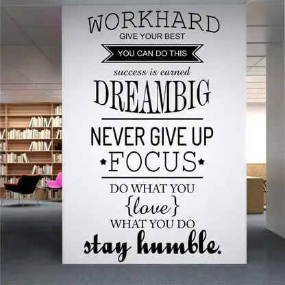 DZR2002 i20"w x 40"h Removable Vinyl Quotes "Work Hard, Never Give up" Wall Decal Inspirational Lettering Wall Sticker Decor Saying Murals for Kids Bedroom Living Room Nursery Walls Classroom Black