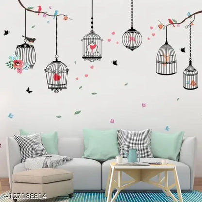 PG888  Girl's Walls Sticked with Bird Cages under Street Lamps and Loving Elk Composite Decoration Stickers