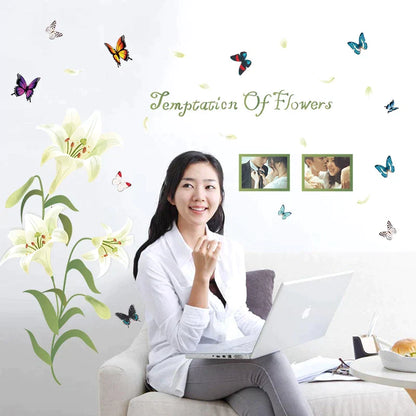 1 Set Lily Flower Wall Sticker Photo Frame Murals Temptation of Flowers White Pink Lily Butterfly SK9070A